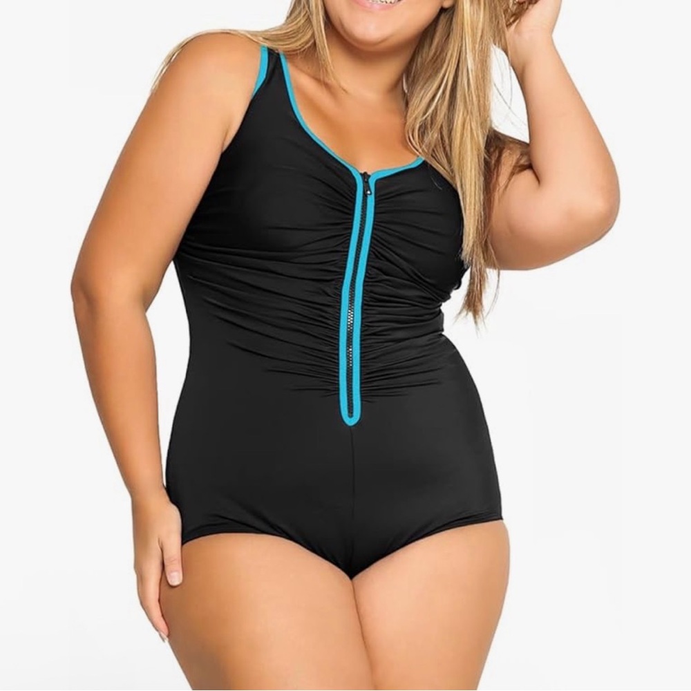 Elegant Black One-Piece Swimsuit with Blue Trim